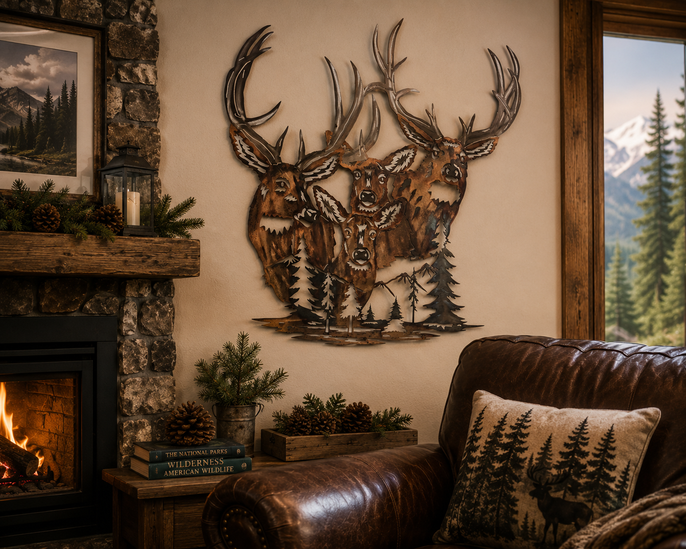 Deer in the Mountains Metal Wall Art | Rustic Wildlife Cabin Decor