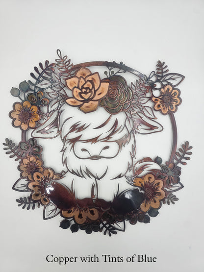 Highland Cow Metal Wall Art | Floral Cow Decor | Rustic Farmhouse Wall Hanging | Cow Lover Gift