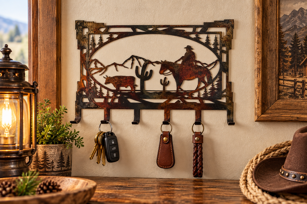 Cowboy & Bull Metal Key Rack | Western Ranch Key Holder