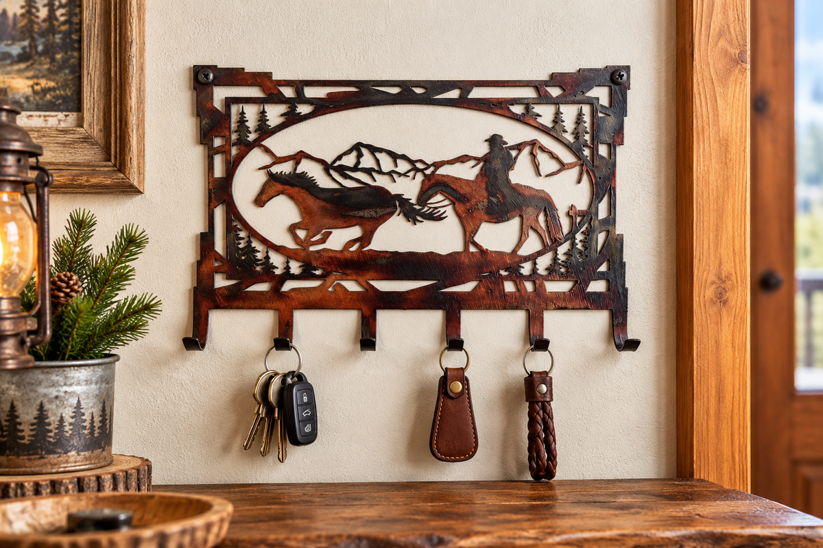 Western Cowboy & Horse Metal Key Rack | Rustic Ranch Key Holder