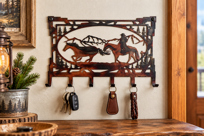 Western Cowboy & Horse Metal Key Rack | Rustic Ranch Key Holder