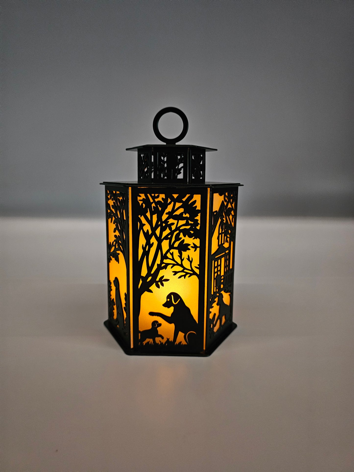 Dog Memorial Lantern. 9 Inches High x 6 Inches Wide. Comes in two colors; Colored - Rustic or Powder Coat Black. Comes with Riser cup, Tealight Candle and Battery. 