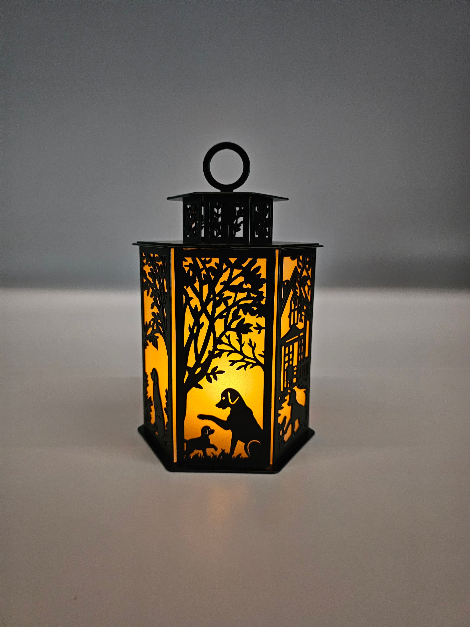 Dog Memorial Lantern. 9 Inches High x 6 Inches Wide. Comes in two colors; Colored - Rustic or Powder Coat Black. Comes with Riser cup, Tealight Candle and Battery. 