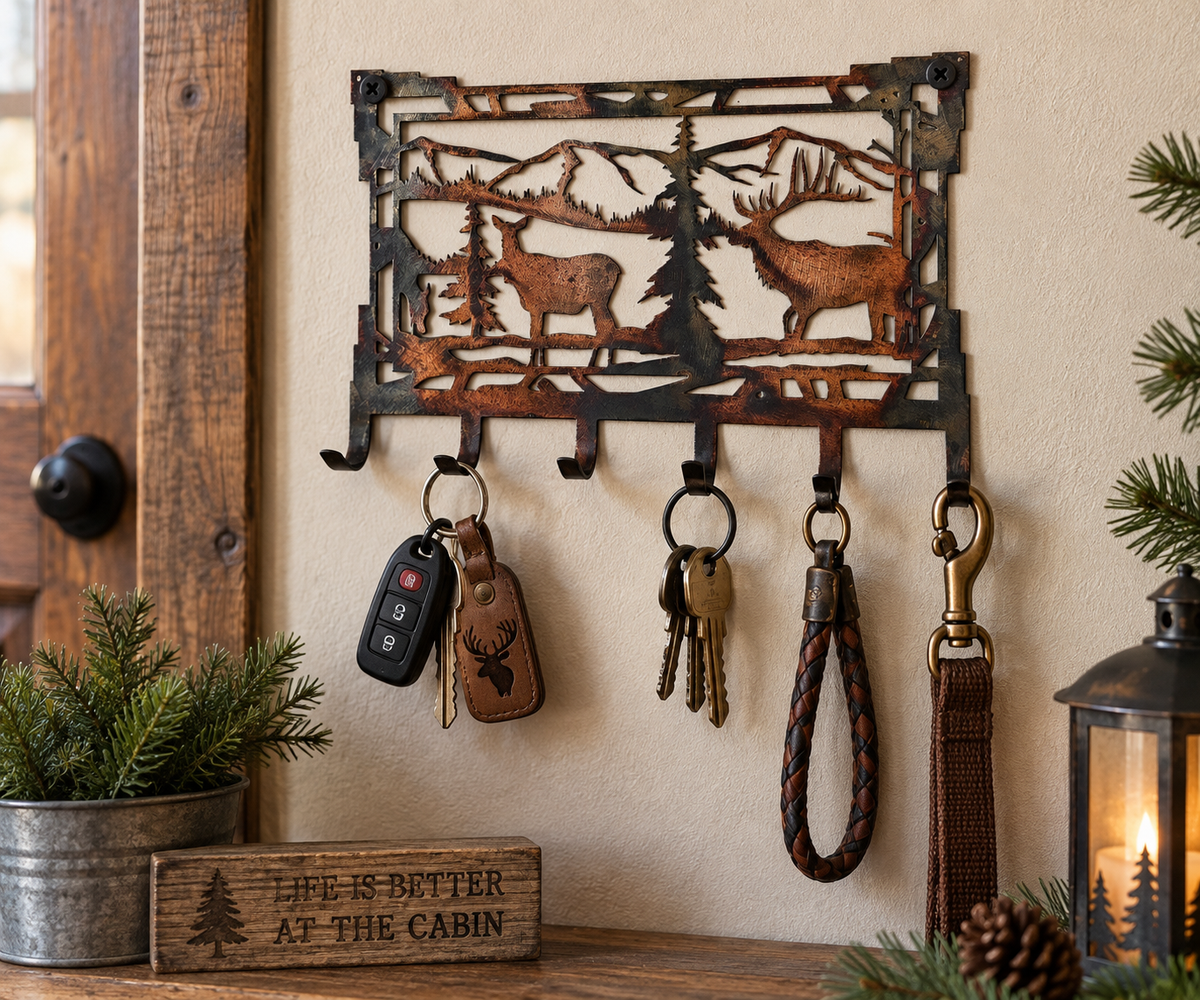 Elk & Mountain Metal Key Rack | Rustic Cabin Key Holder