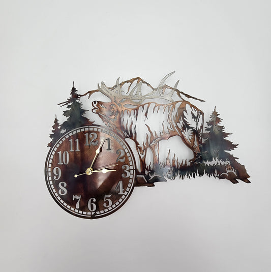 Rustic Metal Elk Wall Clock featuring a bugling elk, pine trees, and mountain scene