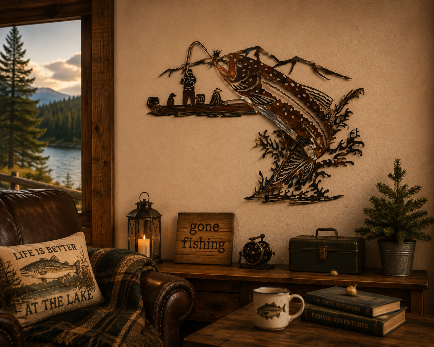 Fisherman & Boat Metal Wall Art | Rustic Fishing Decor