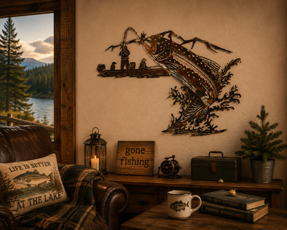 Fisherman & Boat Metal Wall Art | Rustic Fishing Decor
