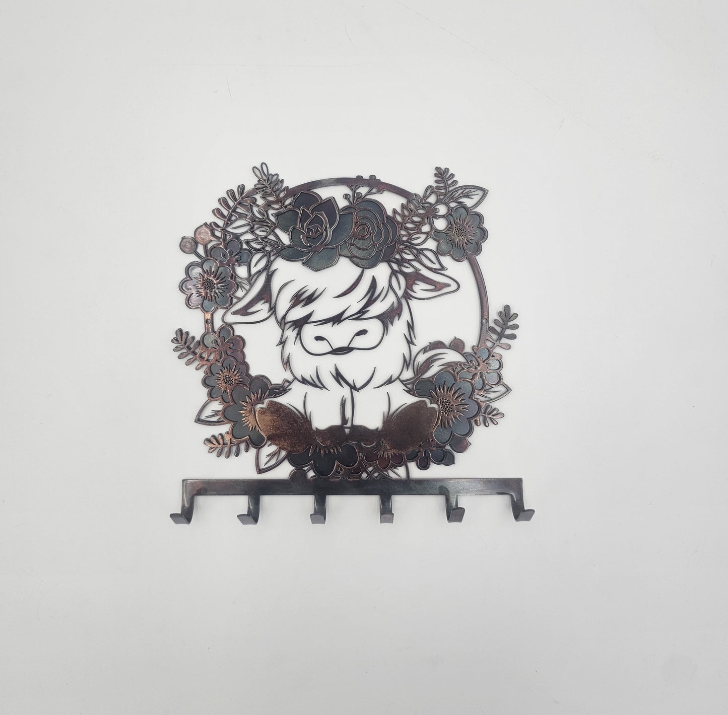 Highland Cow Key Rack with Blue & Copper Tints