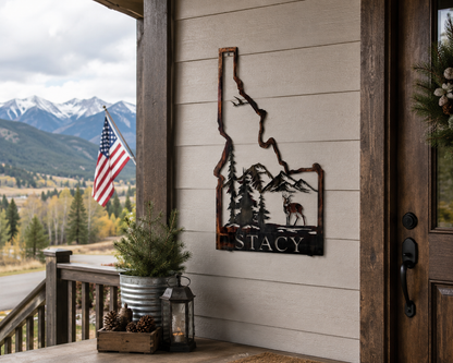 Idaho Metal Wall Art with Deer & Mountains | Rustic Cabin & Lodge Decor
