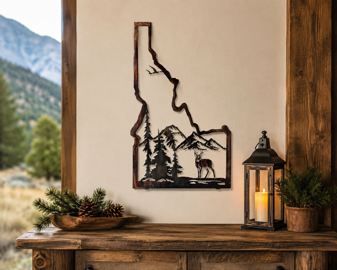 Idaho Metal Wall Art with Deer & Mountains | Rustic Cabin & Lodge Decor