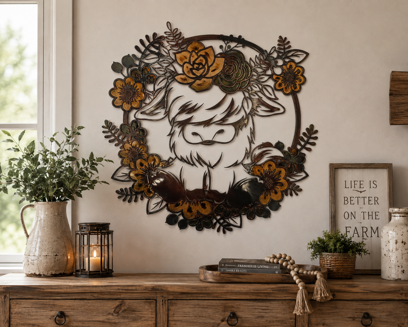 Highland Cow Metal Wall Art | Floral Cow Decor | Rustic Farmhouse Wall Hanging | Cow Lover Gift