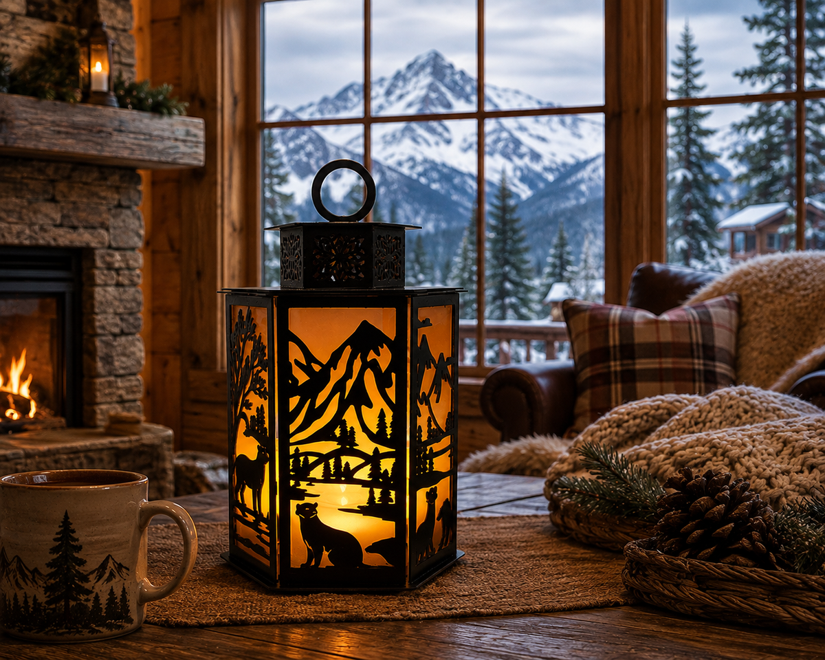 Mountain Wildlife Metal Lantern | Rustic Cabin & Lodge Decor | Nature Lover Gift