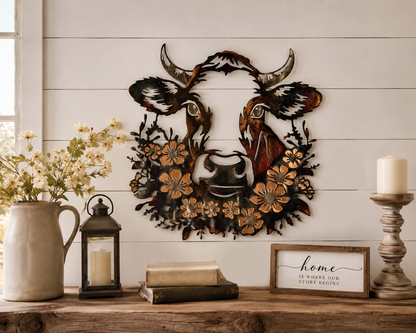 Floral Cow Metal Wall Art | Western Cow Decor | Rustic Farmhouse Wall Decor