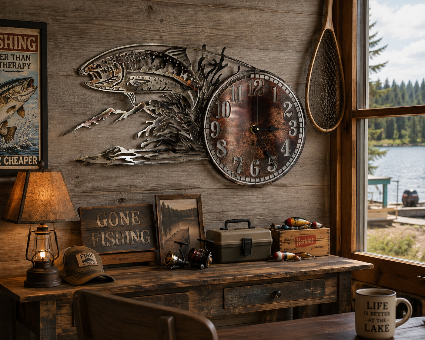 Rustic Metal Trout Wall Clock | Fishing Cabin Clock | Lake House Wall Decor | Angler Gift
