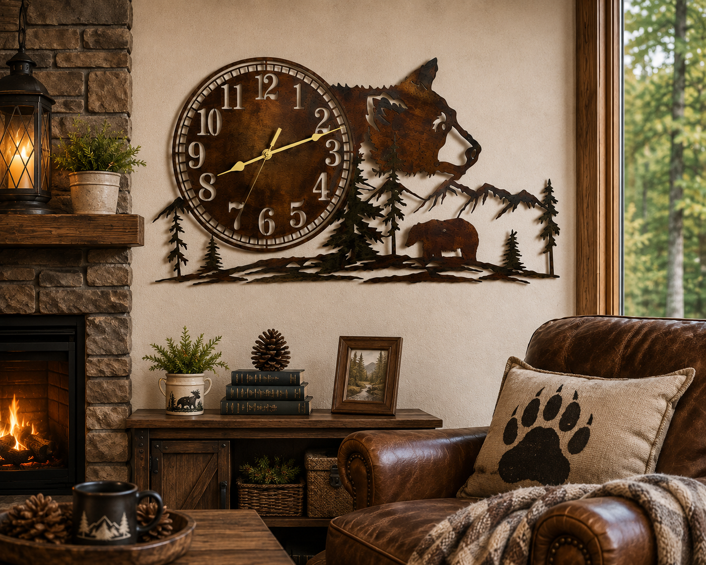 Rustic Metal Bear Wall Mounted Clock in a mountain and tree design.