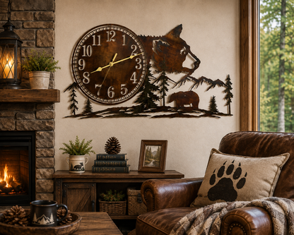 Rustic Metal Bear Wall Mounted Clock in a mountain and tree design.