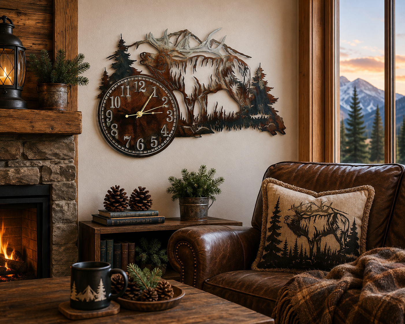 Rustic Metal Elk Wall Clock featuring a bugling elk, pine trees, and mountain scene