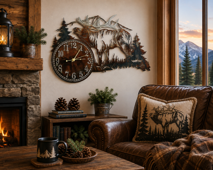 Rustic Metal Elk Wall Clock featuring a bugling elk, pine trees, and mountain scene