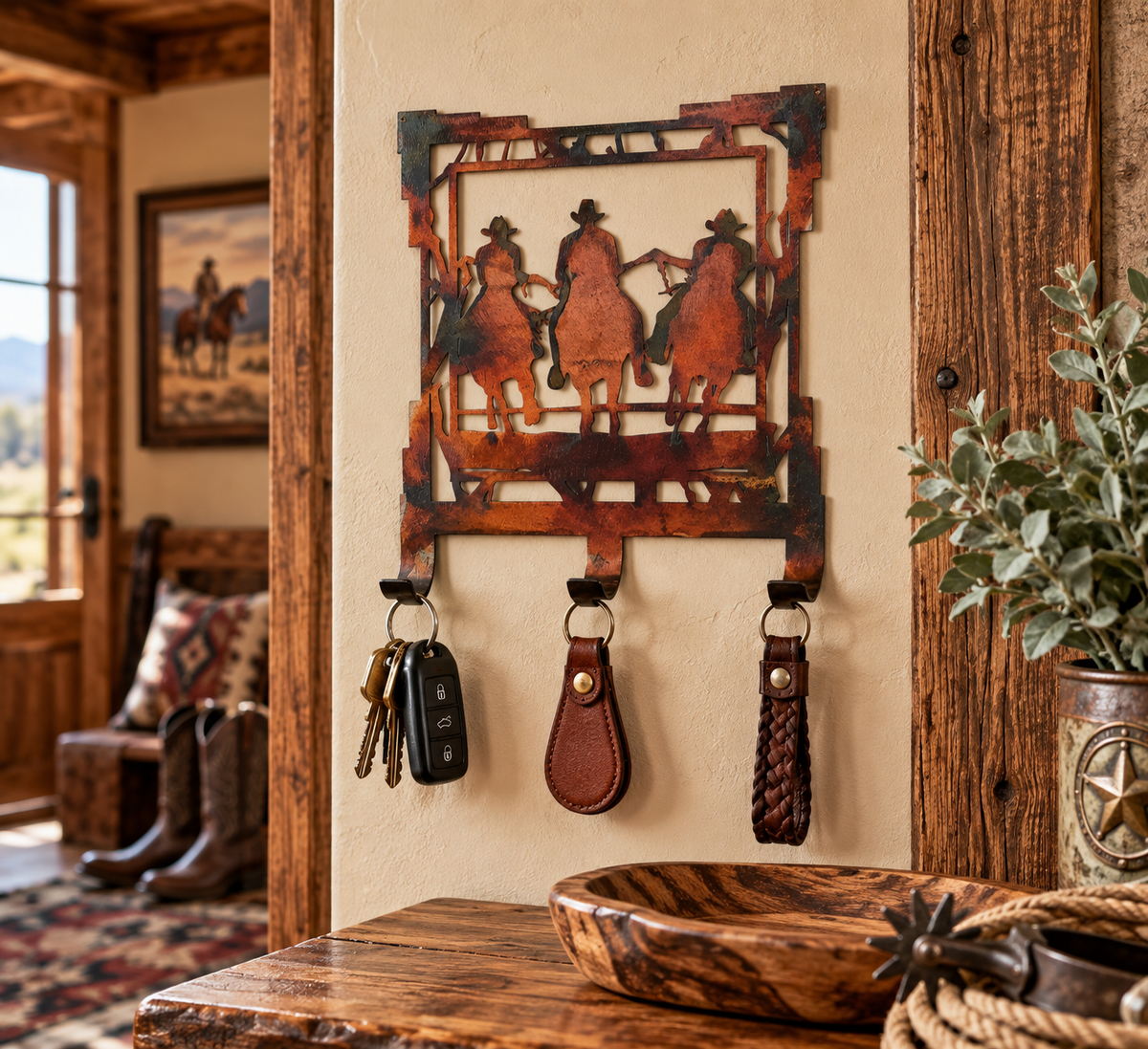 Cowboys on Horseback Metal Key Rack | Western Ranch Decoer