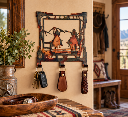 Two Cowboys Metal Key Rack | Western Horseback Key Holder