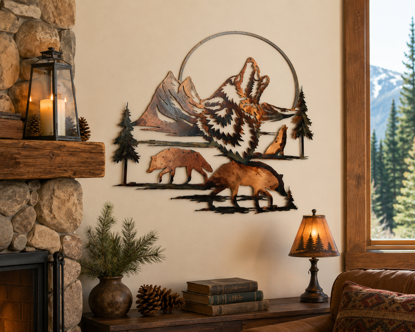 Wolf & Moon Metal Wall Art | Wildlife Lodge Decor