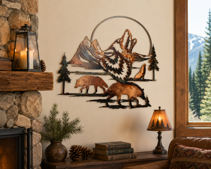 Wolf & Moon Metal Wall Art | Wildlife Lodge Decor