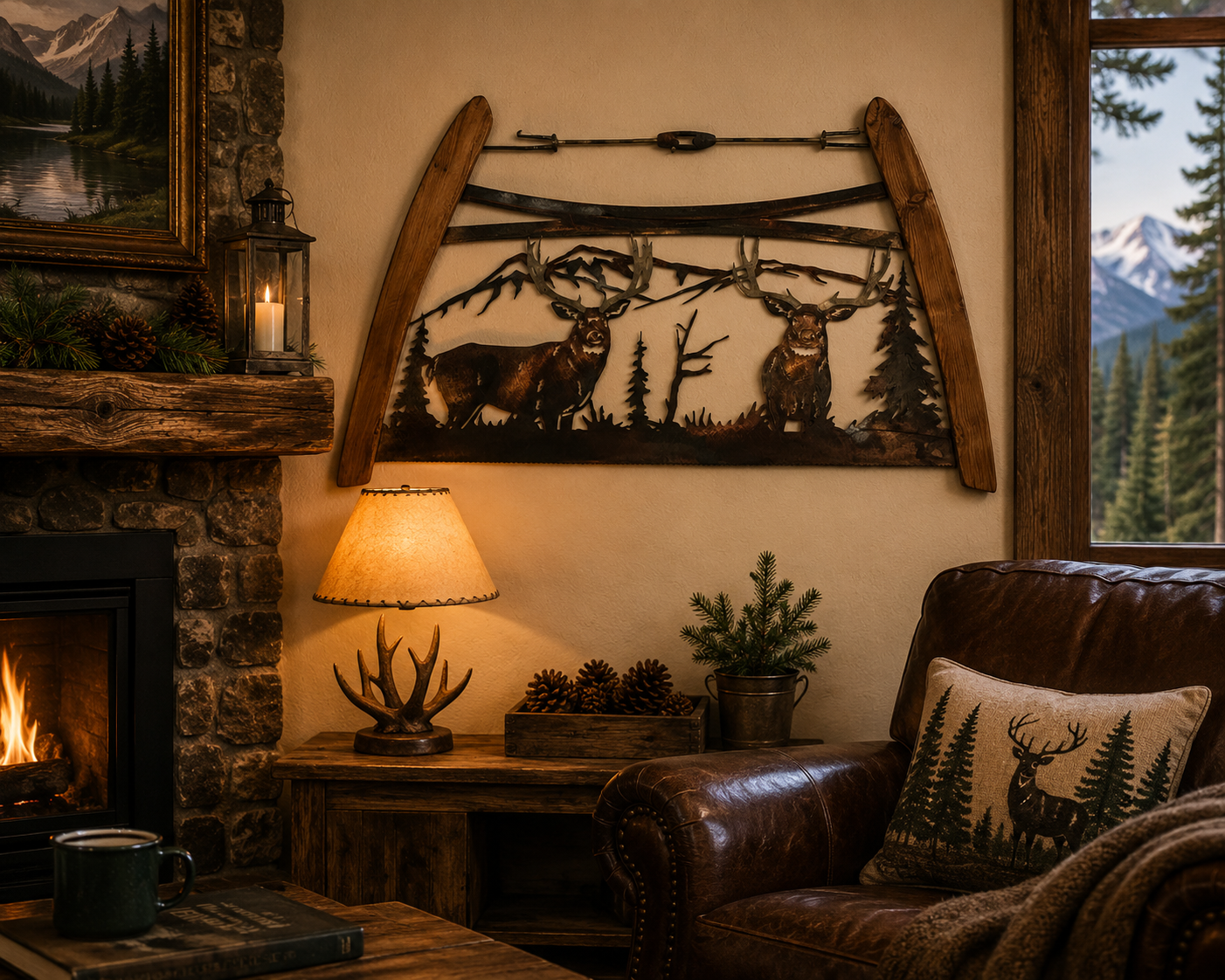 Rustic metal wall art featuring two deer under a tree with crossed hunting rifles, displayed above a fireplace in a cozy cabin living room with a leather armchair and warm lighting.
