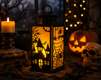 Halloween Metal Lantern | Haunted House Candle Holder | Spooky Halloween Decor