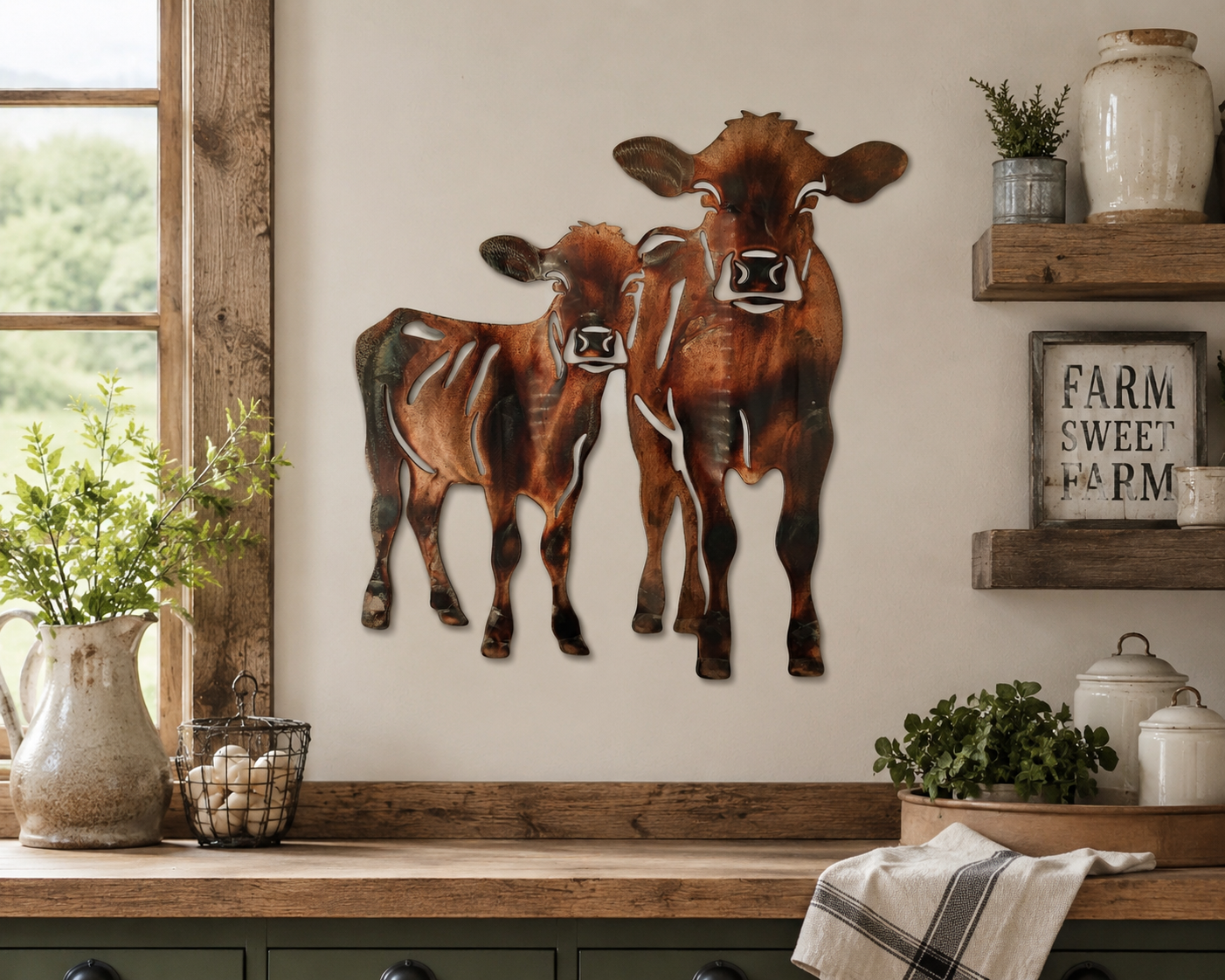 Cow Metal Wall Art | Rustic Farmhouse Cow Decor | Cow and Calf Wall Hanging | Farmer Rancher Gift