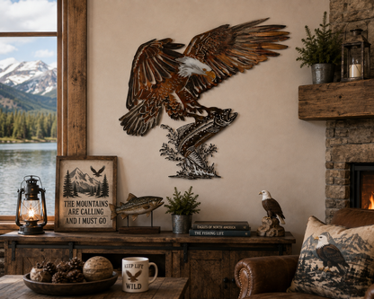 Eagle and Fish Metal Wall Art | Bald Eagle Fishing Decor | Fisherman Gift | Rustic Wildlife Wall Hanging