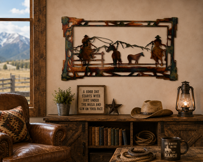 Cowboy Metal Wall Art | Western Horse Decor | Rustic Ranch Wall Hanging | Cowboy & Horse Gift