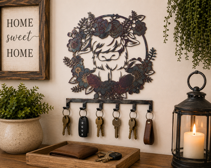 Highland Cow Metal Key Rack | Farmhouse Wall Key Holder & Wall Decor