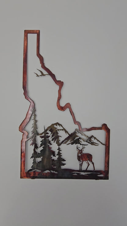 Idaho Metal Wall Art with Deer & Mountains | Rustic Cabin & Lodge Decor