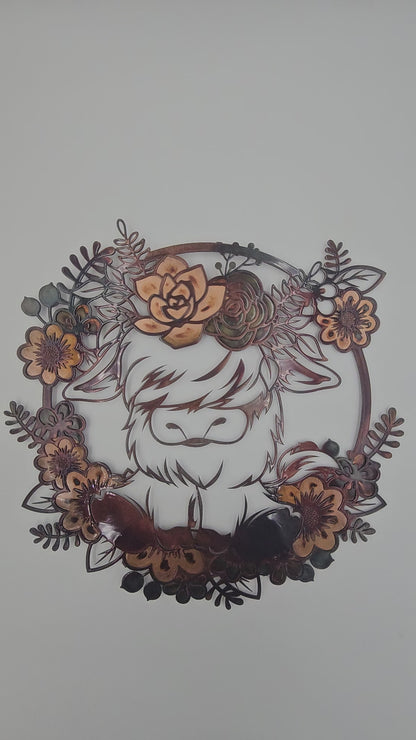 Highland Cow Metal Wall Art | Floral Cow Decor | Rustic Farmhouse Wall Hanging | Cow Lover Gift