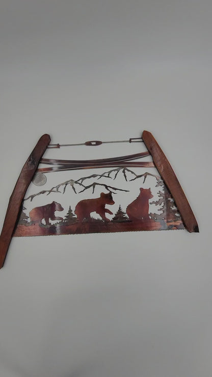 Bear Cubs Bow Saw Metal Wall Art | Rustic Cabin & Lodge Decor | Northwind Gifts
