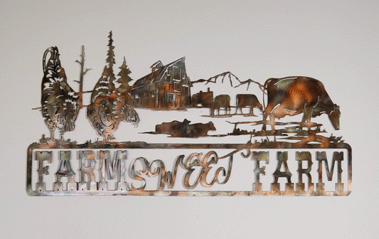 Farm Sweet Farm Metal Wall Hanging features an old barn, tractor, cows, chickens and trees with the wording Farm Sweet Farm on the bottom. Made from cold rolled 18-gauge sheet metal. Measures 15 inches high by 30 inches wide. Sprayed with a layer of varathane. Gift wrapping available at checkout