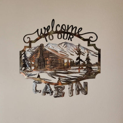 Welcome To Our Cabin Metal Wall Hanging Five Color Options