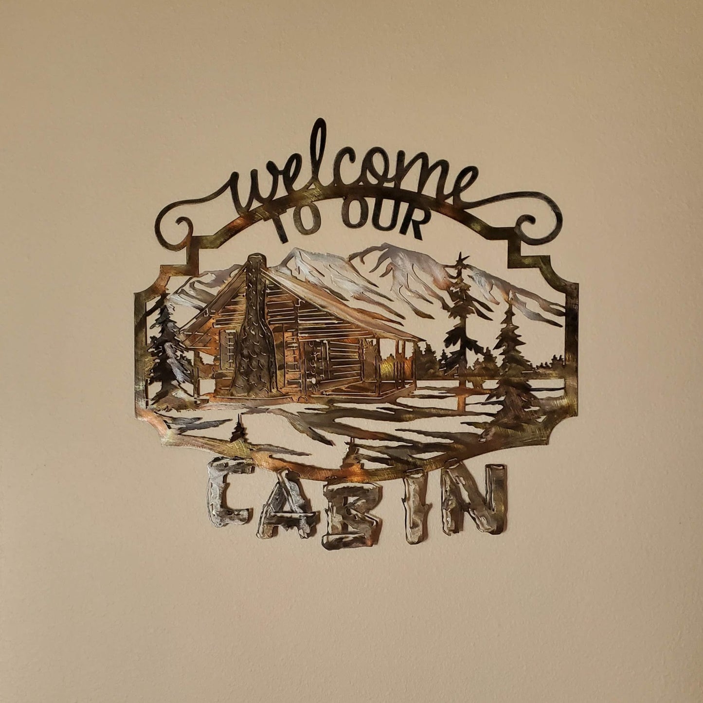 Welcome To Our Cabin Metal Wall Hanging Five Color Options