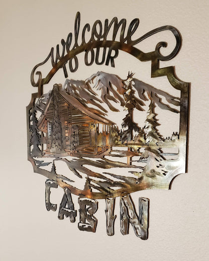 Welcome To Our Cabin Metal Wall Hanging Five Color Options