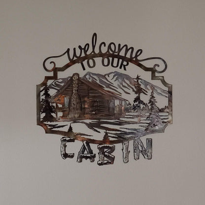 Welcome To Our Cabin Metal Wall Hanging Five Color Options