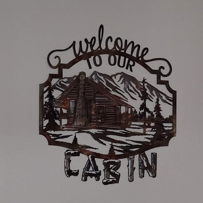 Welcome To Our Cabin Metal Wall Hanging Five Color Options