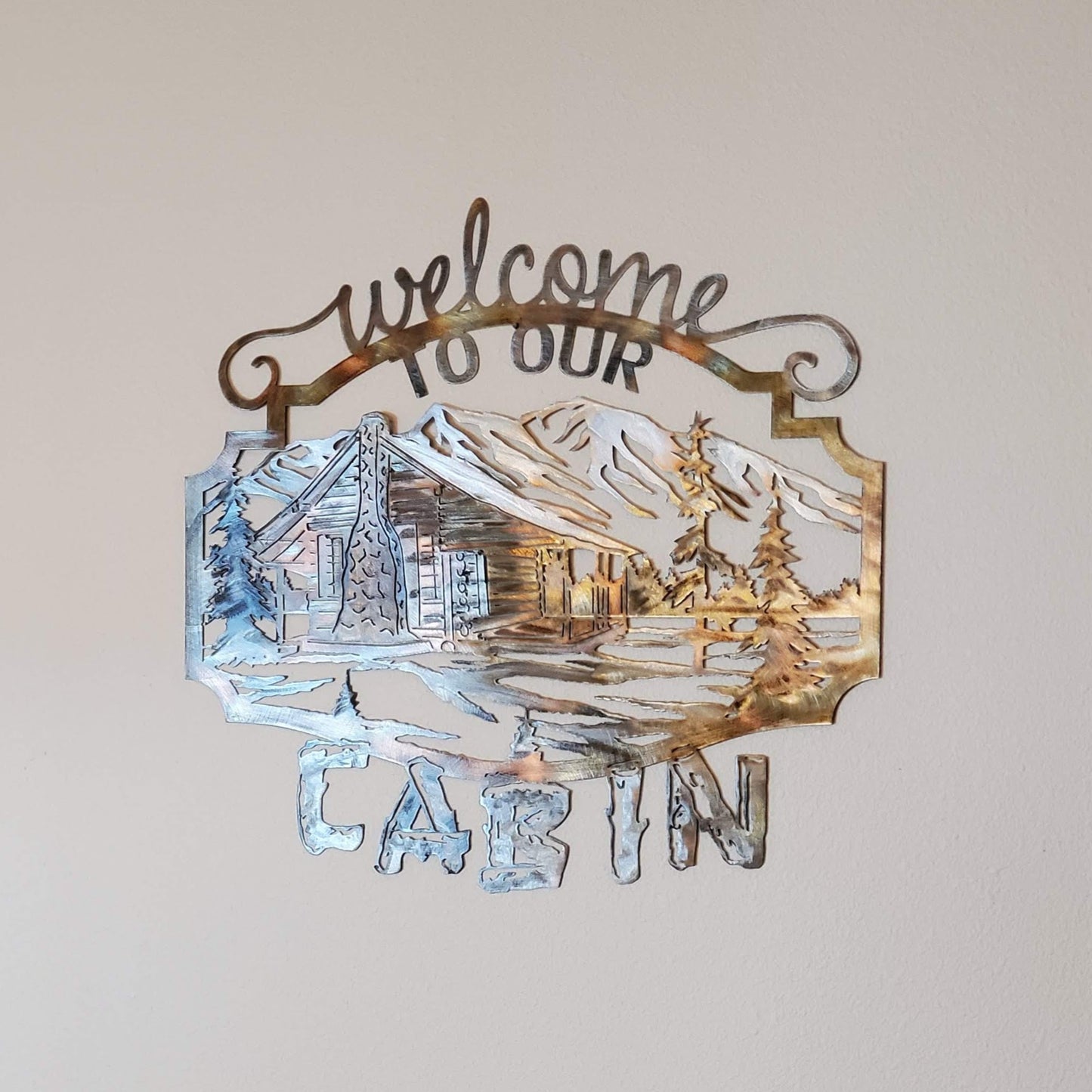 Welcome To Our Cabin Metal Wall Hanging Five Color Options