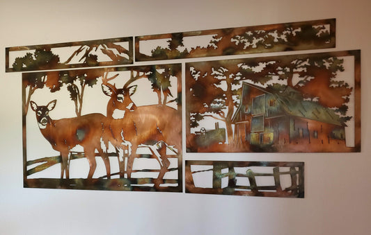 5 Panel Deer and Barn Metal Wall Hanging features two deer standing in front of a mountain scene and trees. There's an old barn and tractor on the right of them. Made from cold rolled 18-gauge sheet metal. Measures 20 7/8 Inches High by 45.75 Inches Wide. Brackets attached to back for easy hanging. Hangs via nails not included. Available in four colors. colored, flat black, gloss black, hammer tone, and bare metal. Gift Wrapping available at check out.