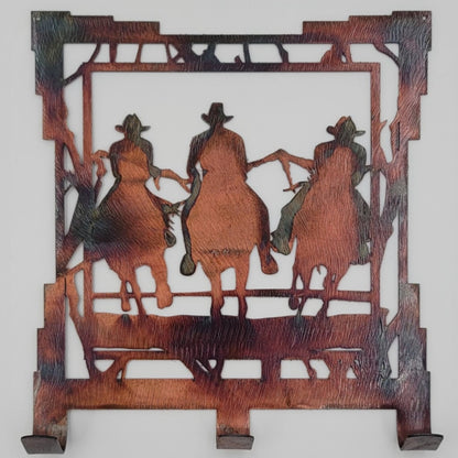 Rustic Cowboys Riding Horses Metal Key Rack