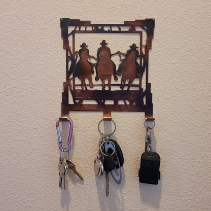 Rustic Cowboys Riding Horses Metal Key Rack