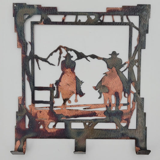 Two Cowboys Riding Horses Rustic Metal Key Rack