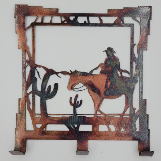 Western Cowboy and Horse Rustic Metal Key Rack