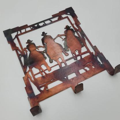 Rustic Cowboys Riding Horses Metal Key Rack