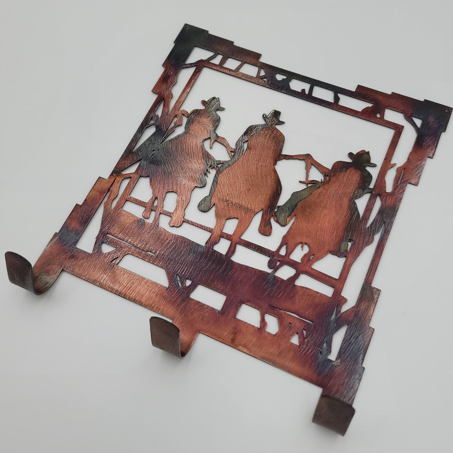 Rustic Cowboys Riding Horses Metal Key Rack