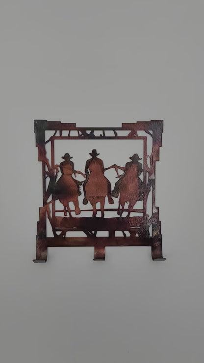 Rustic Cowboys Riding Horses Metal Key Rack